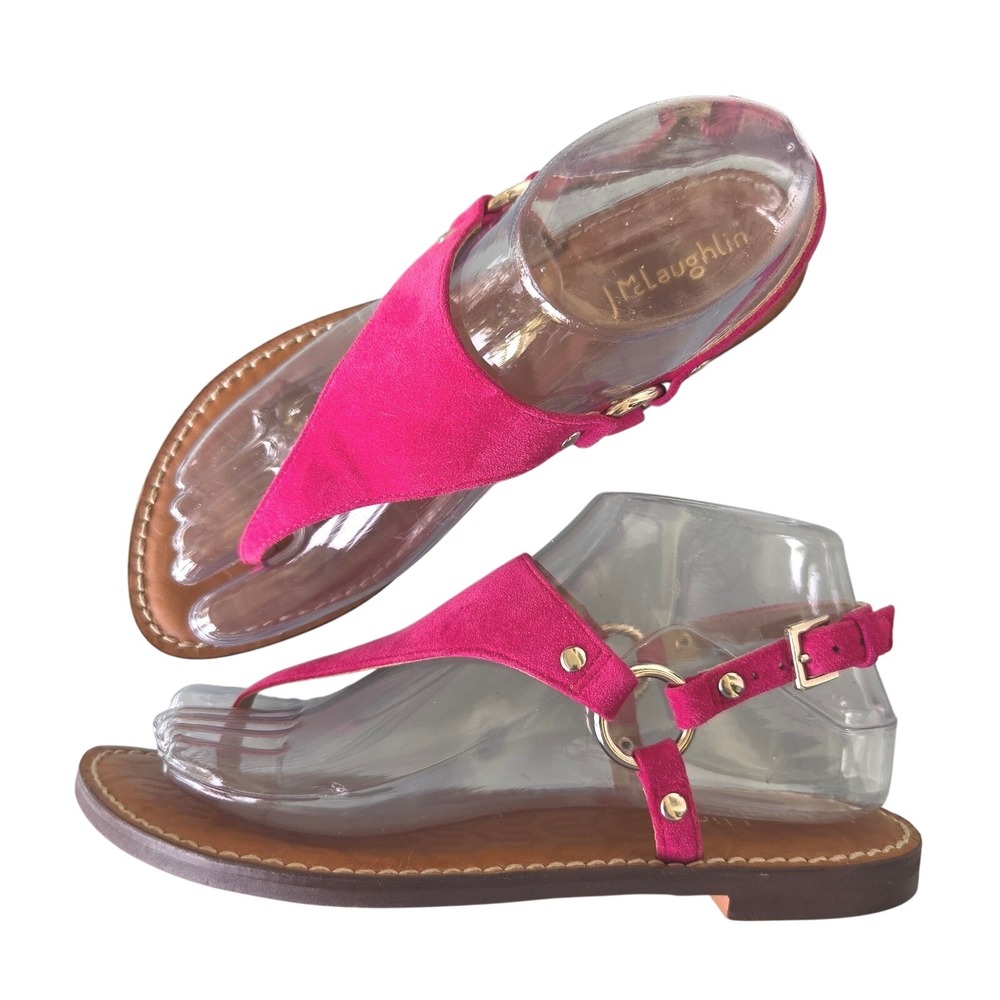 J.McLaughlin Nolita Fuchsia Pink Suede Flat Thong Sandals Gold Hardware Women 7M